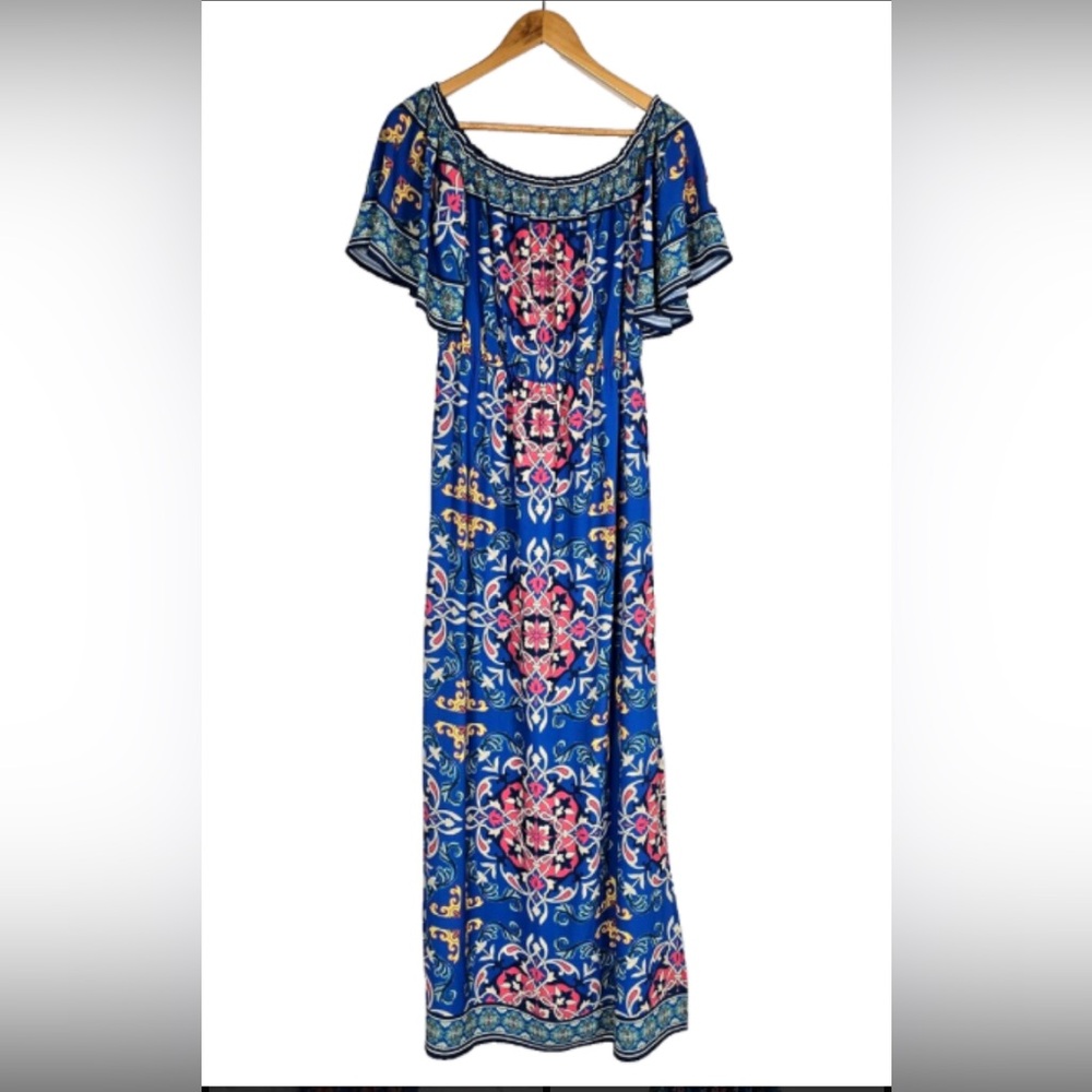 Flying Tomato-blue floral off-the-shoulder maxi dress